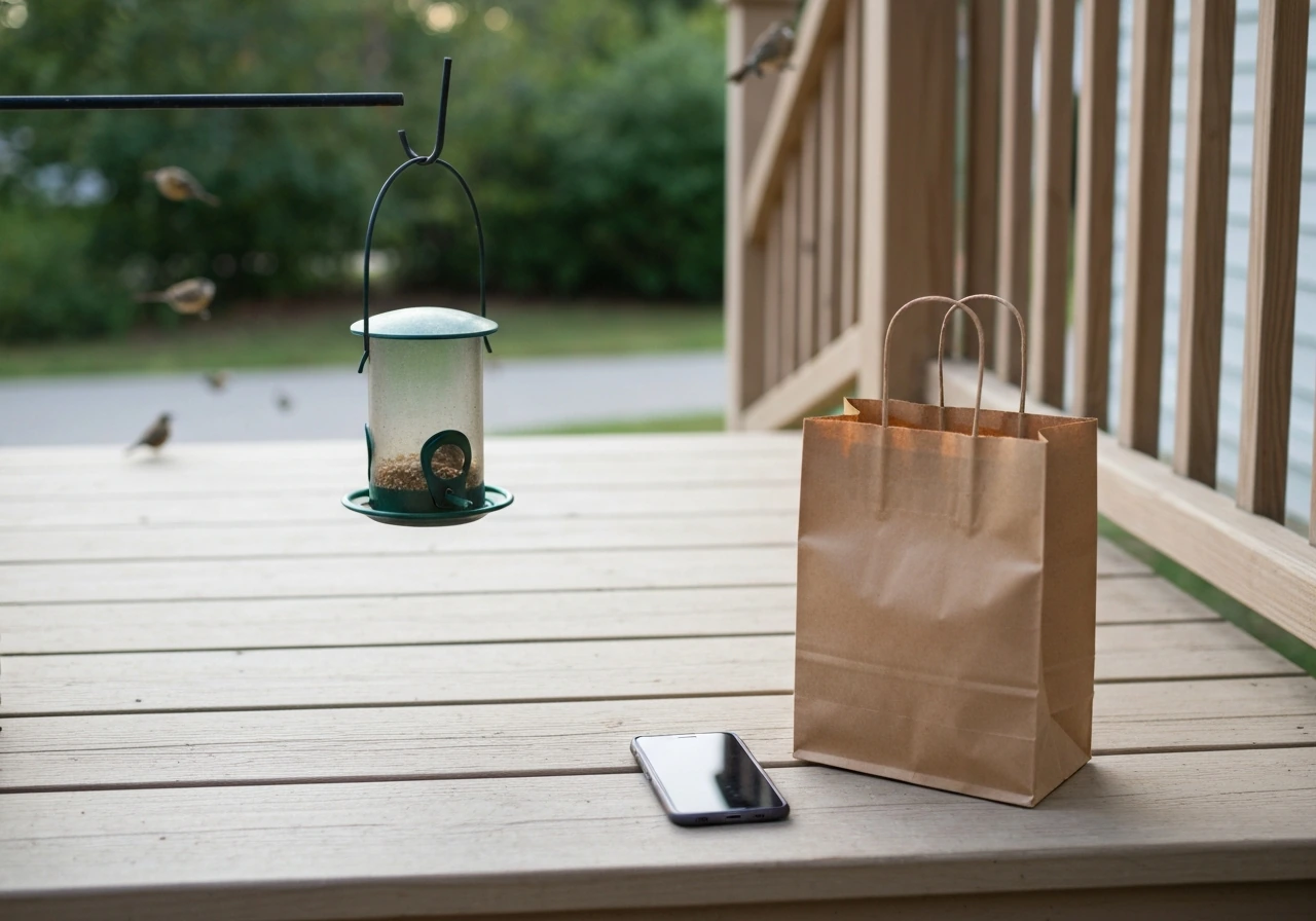 A simple porch setup with bird feeder beside a phone and an unlabeled shopping bag for buying options by type.