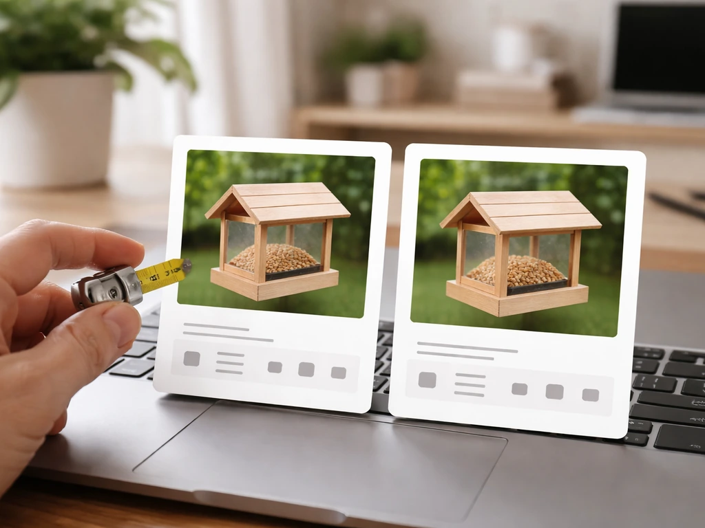 Laptop with two side-by-side bird feeder marketplace listing cards, plus measuring tape checking dimensions.