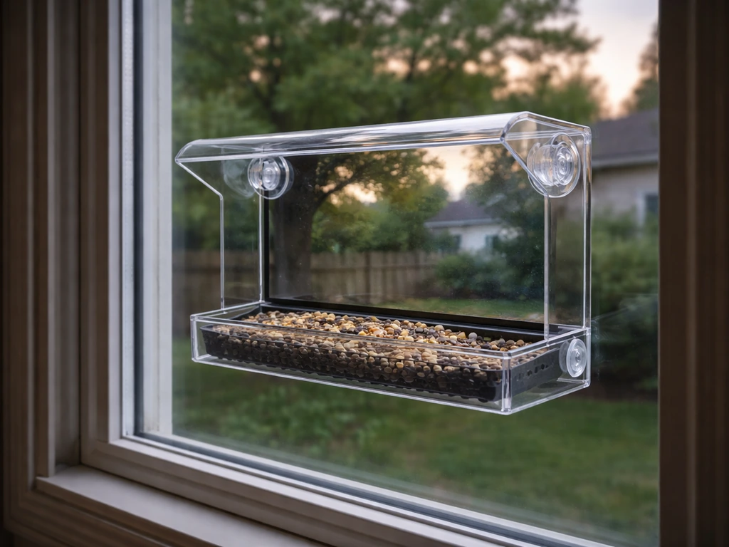 Close-up of a window bird feeder showing reflective mirror-film behind the feeder body.
