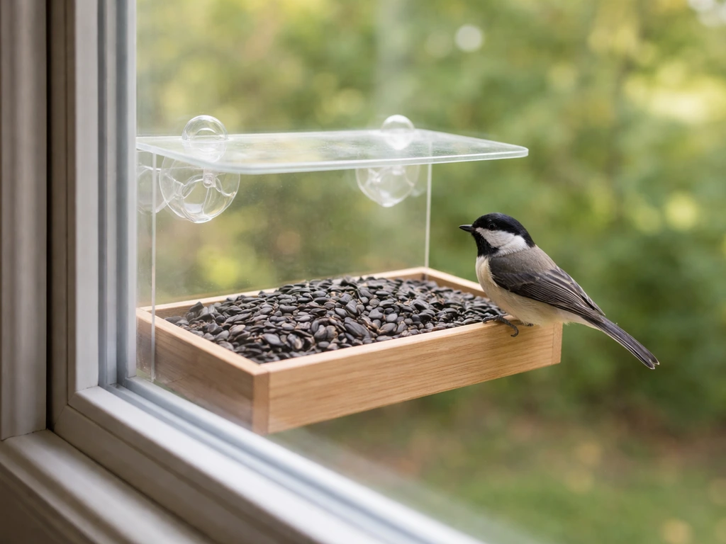 Open tray window feeder with black-oil sunflower seeds and a small songbird perched nearby at daylight.