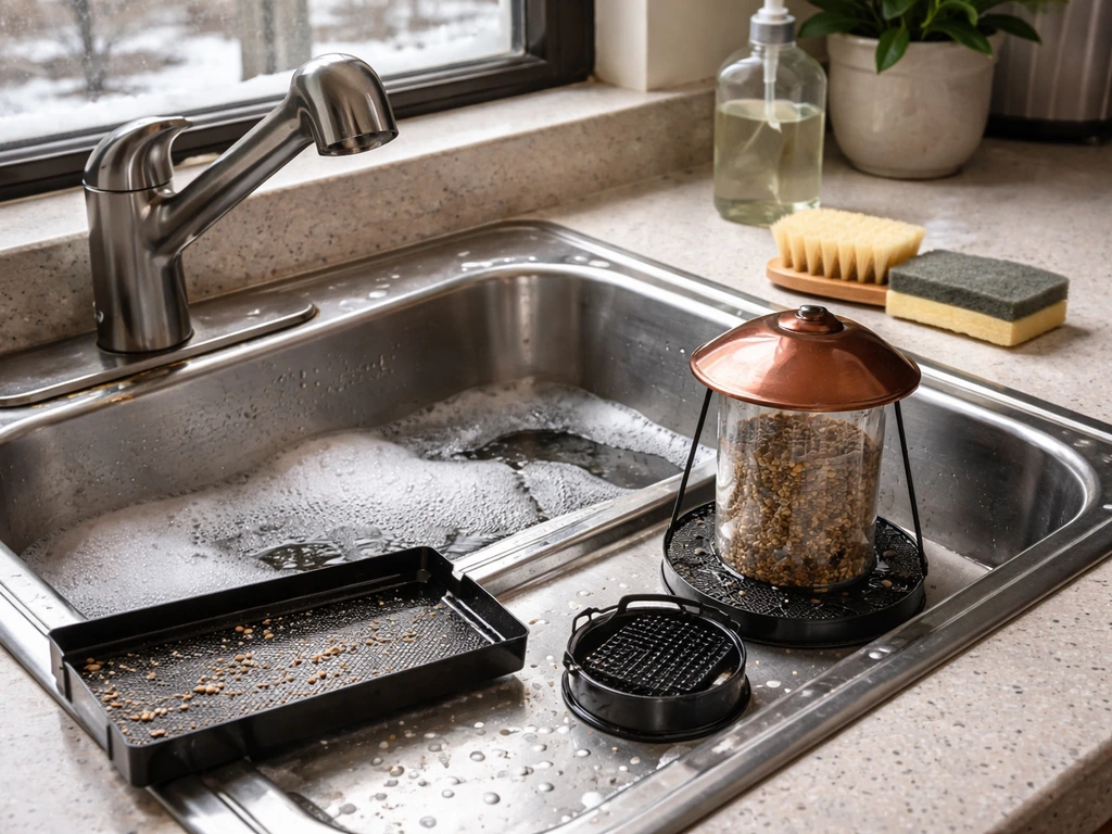 Bird feeder tray being cleaned in a kitchen sink with warm soapy water, sponge, and scrub brush.