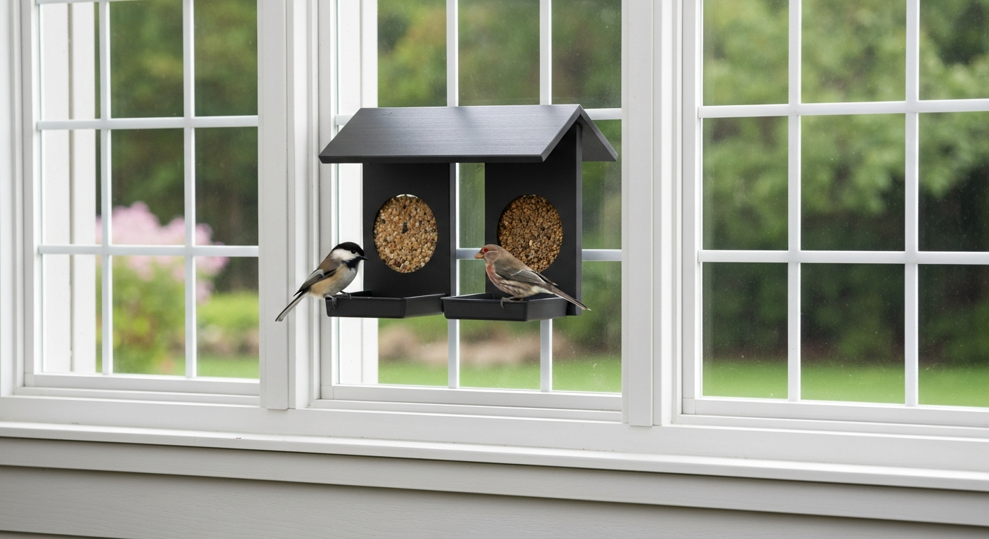 Better Crafter-style duplex window bird feeder mounted on a window with a chickadee and a house finch feeding on the two trays.