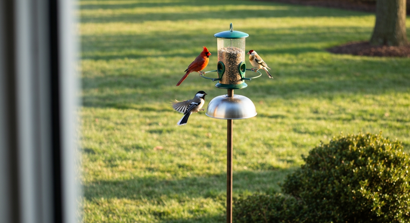 Sunlit backyard showing a medium hopper bird feeder mounted atop a powder-coated steel pole with a metal baffle below; a cardinal, chickadee, and goldfinch feeding.