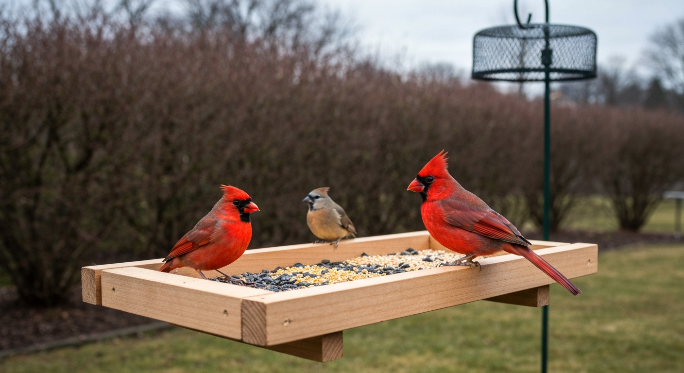 Photorealistic backyard platform feeder (cedar tray with mesh bottom) with a male Northern Cardinal feeding on black-oil sunflower and a female nearby; shrub cover and pole/baffle in soft-focus background.