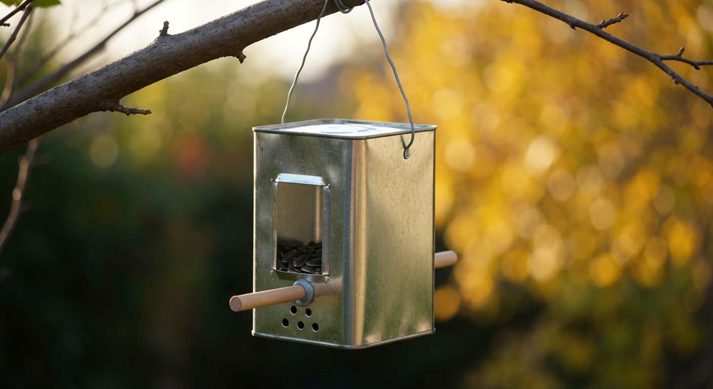 Vintage oil can bird feeder hanging from a branch with a wooden perch and visible seed port.
