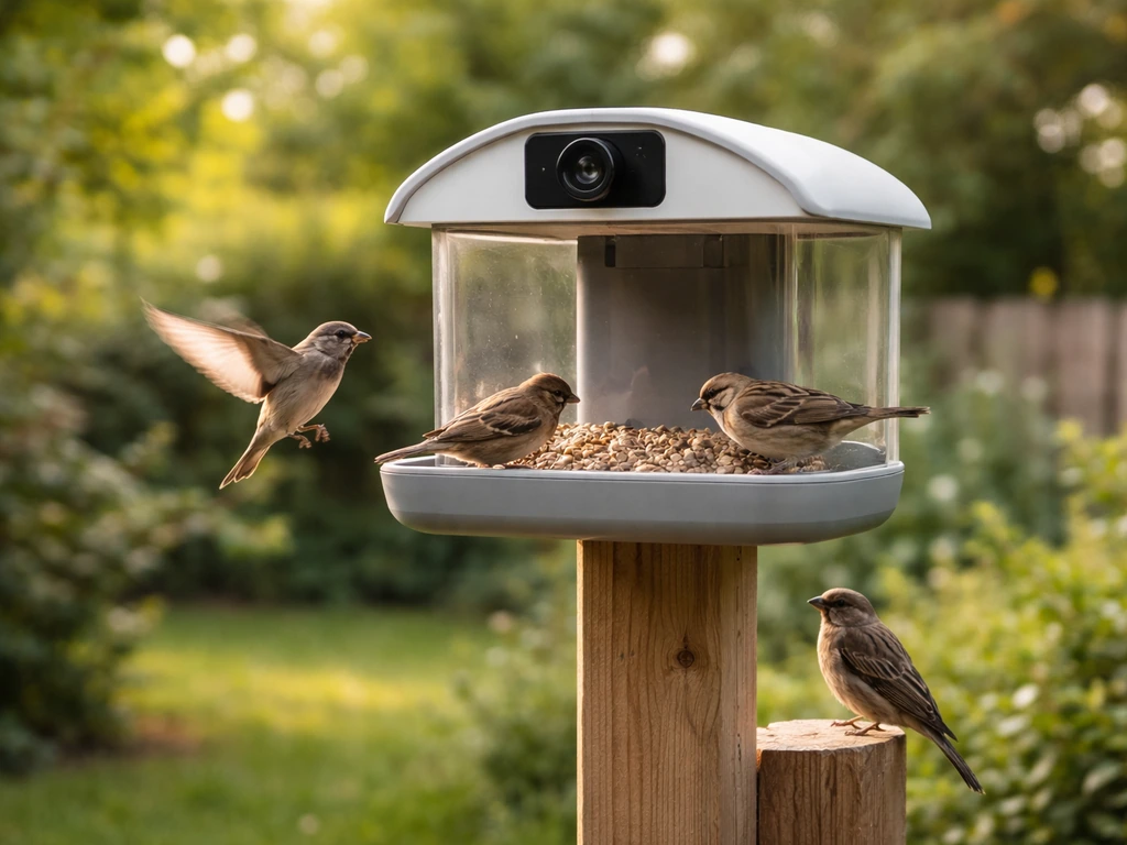 Outdoor TT Nature smart bird feeder camera with small birds approaching the seed tray