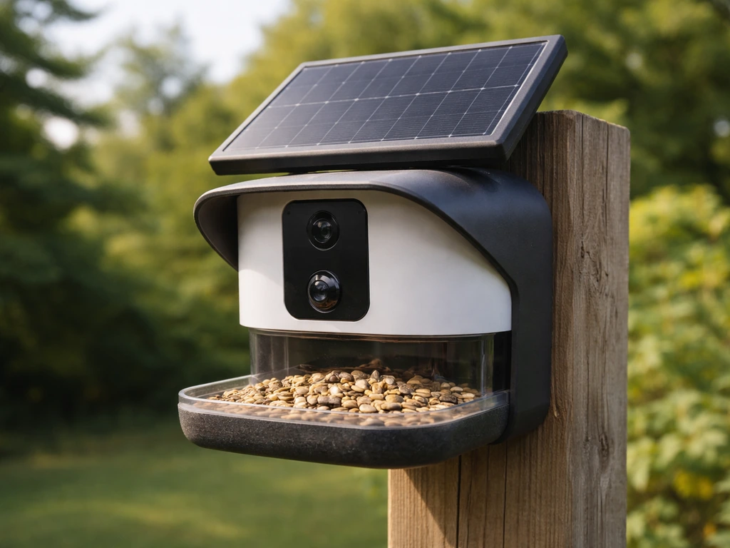 TT Nature solar-powered bird feeder camera mounted outdoors with the seed tray visible.