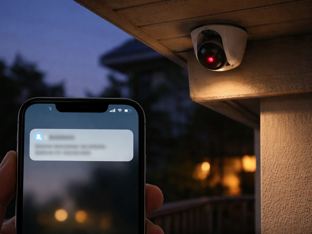 Night security camera with a phone showing an unreadable alert notification overlay, motion-triggered scene.
