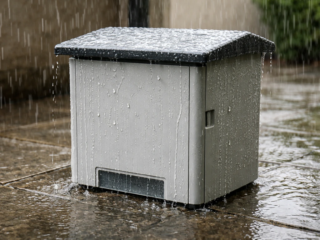 Rain splashing on a small outdoor feeder unit, emphasizing weatherproof housing like an IP65 rating
