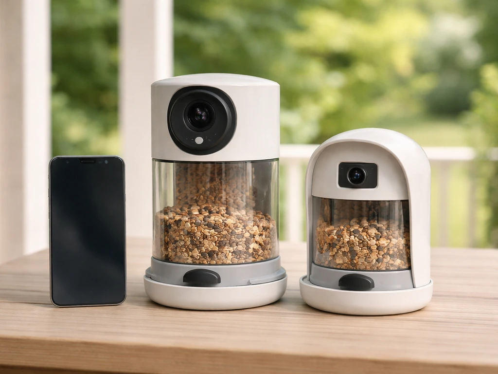 Minimal photo of a smartphone beside two smart bird feeders with camera sensors visible