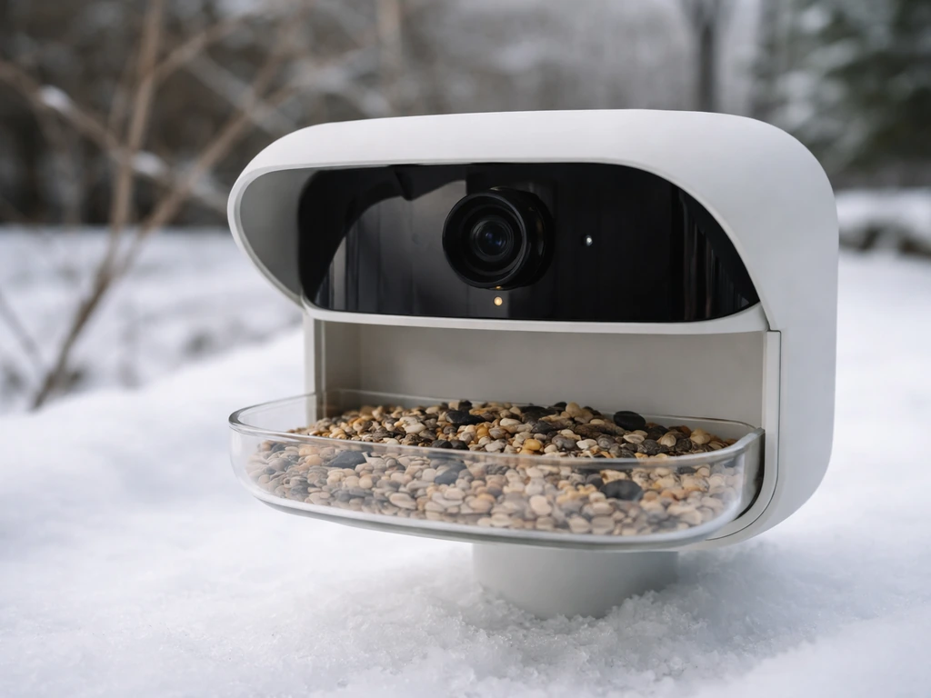 Modern smart bird feeder with camera lens aimed at the tray in a snowy backyard, no branding visible.