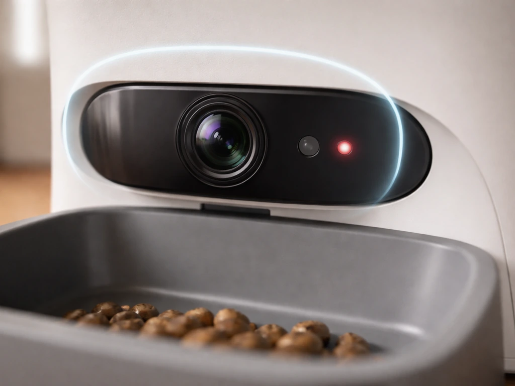 Close-up of a smart feeder camera module and lens with IR night-vision glow indicator, minimal spec focus.