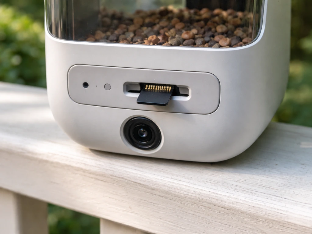Smart bird feeder with a microSD card inserted, showing local motion clip storage concept.