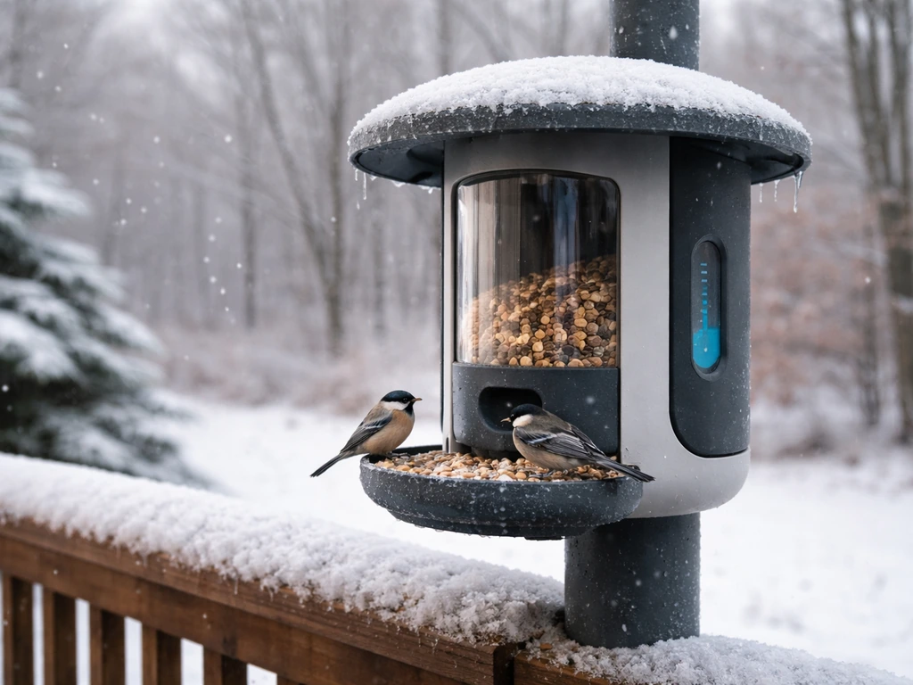 Smart bird feeder in light snow with frosted housing and a subtle temperature-style cue