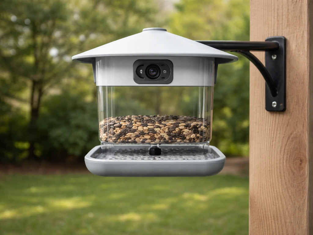 Smart bird feeder mounted at eye level with the camera aimed toward where birds land.