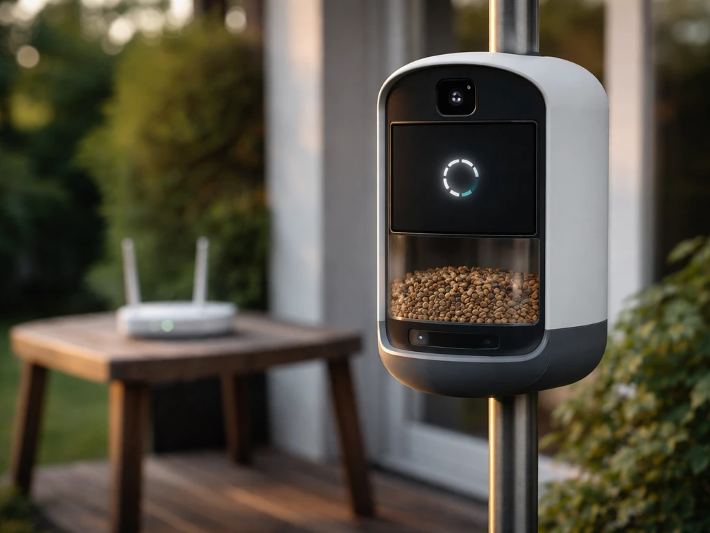 Smart bird feeder on a metal pole with a nearby router in soft focus, showing reconnecting/offline status.