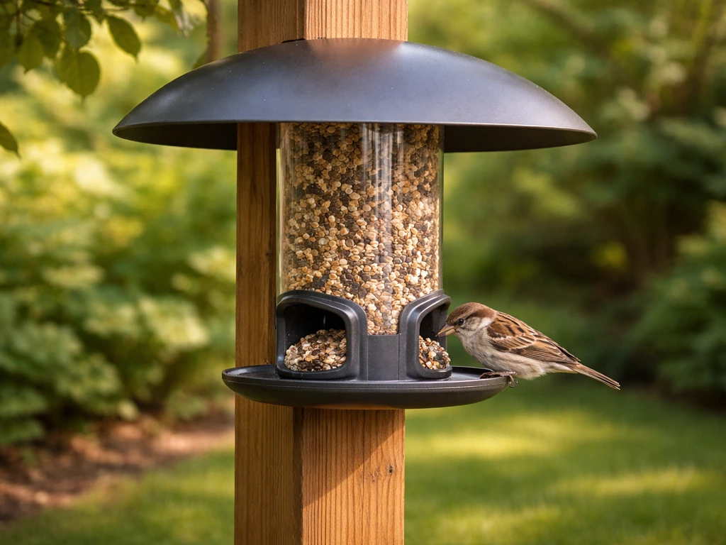 Low-spill bird feeder with baffle visible, seeds inside, a bird perched calmly in a backyard garden.