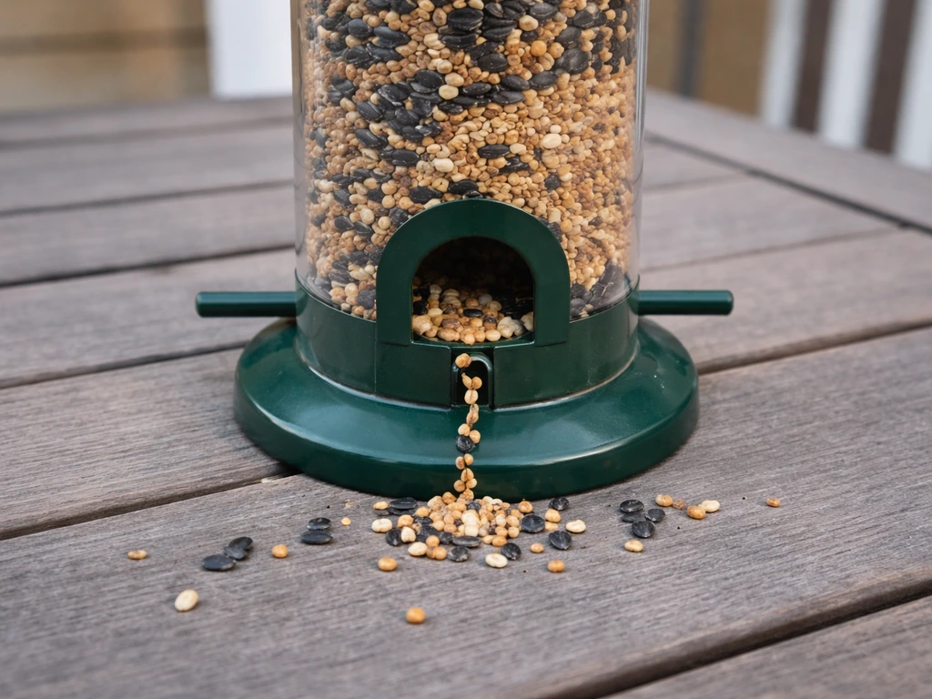 Close-up of a bird feeder hopper with a small seed gap at the outlet and seeds spilled on a table.