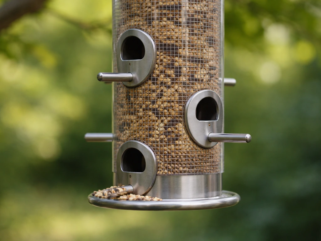 Close-up of a hanging tube bird feeder with small, correctly sized seed ports and minimal spill.