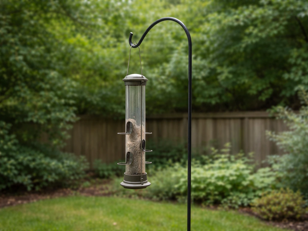 Bird tube feeder and hopper hanging straight on a sturdy shepherd’s hook with limited swing.