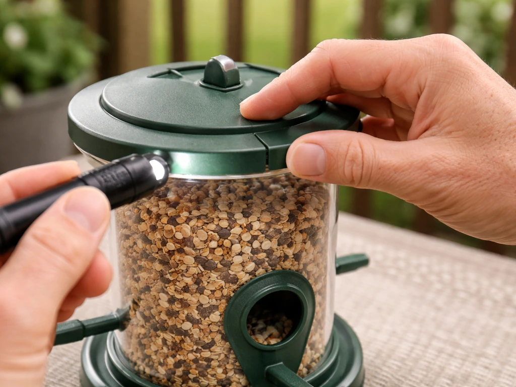 Hand presses a bird feeder lid flush while a flashlight checks the seal gap on a porch table.