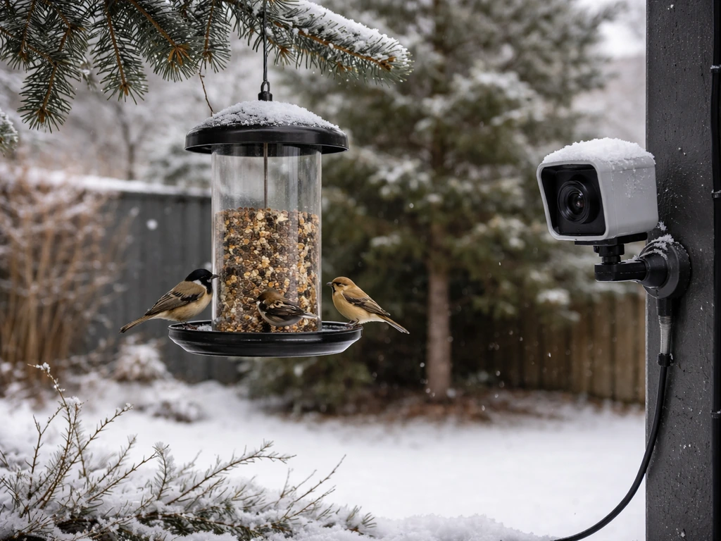 Winter backyard with a bird feeder camera mounted near a feeder, showing birds and snow-ready setup.