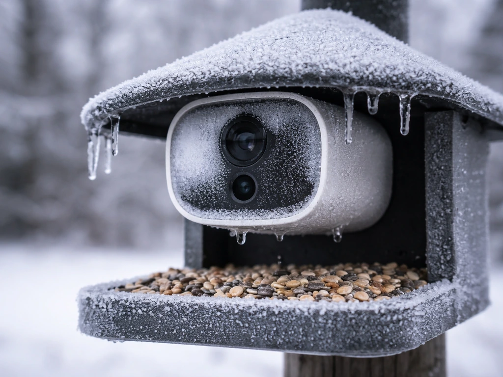 Frosted outdoor bird feeder camera in snow, showing cold winter conditions and reliability cues.