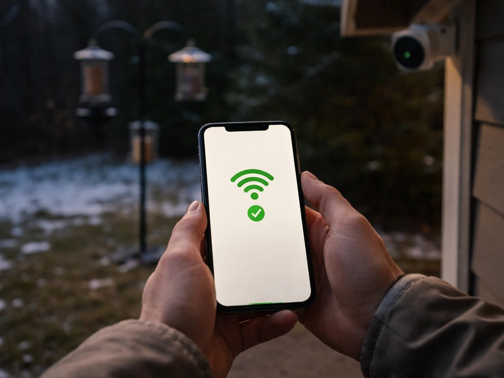 Hands hold a smartphone showing a Wi‑Fi connection near an outdoor bird feeder with a mounted camera.