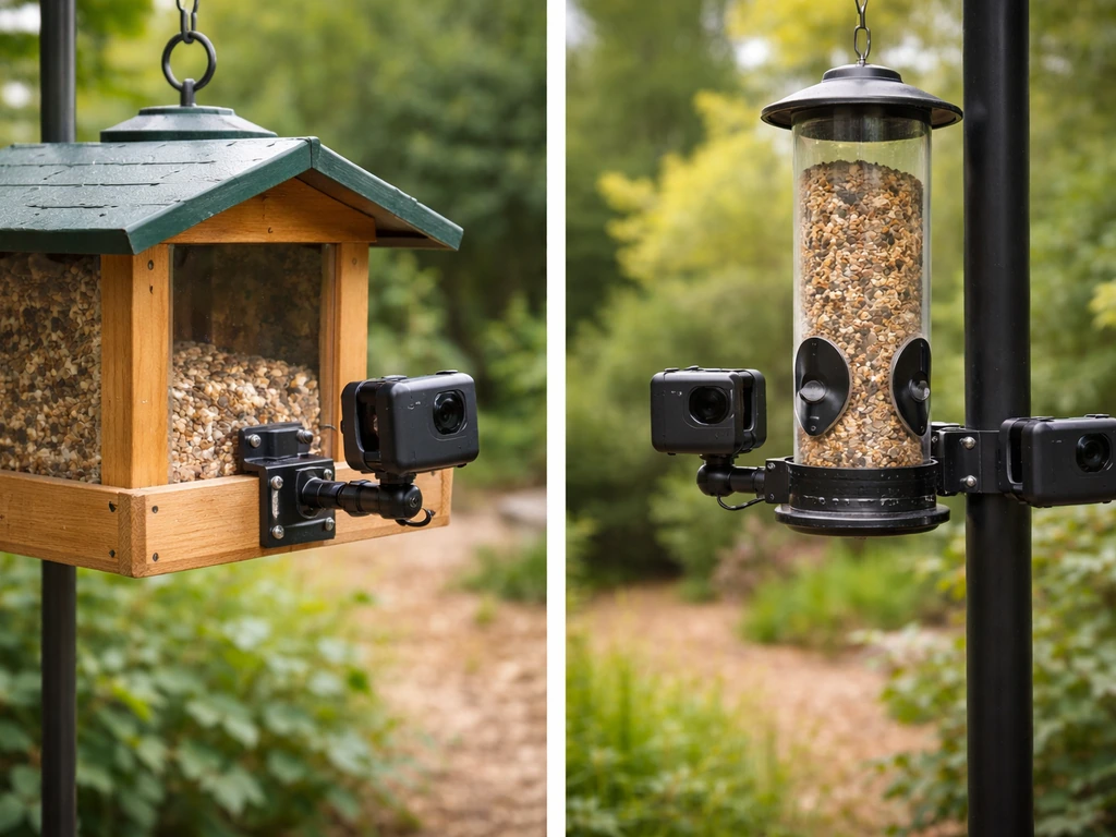 Side-mounted camera bracket on a hopper feeder and a pole-mounted feeder bracket aligned to the feeding area.