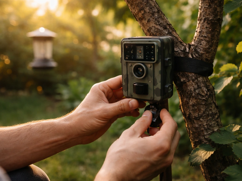 Person adjusting an outdoor wildlife camera angle to avoid glare, with indirect light and a bird feeder nearby