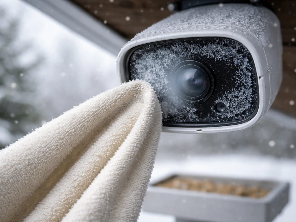 Outdoor feeder camera lens fogged with ice, microfiber cloth wiping to clear condensation.