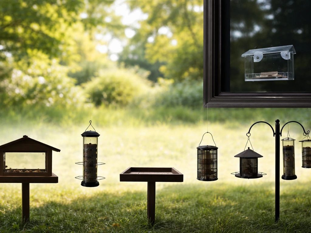 Several bird feeder types shown as silhouettes against a natural outdoor background
