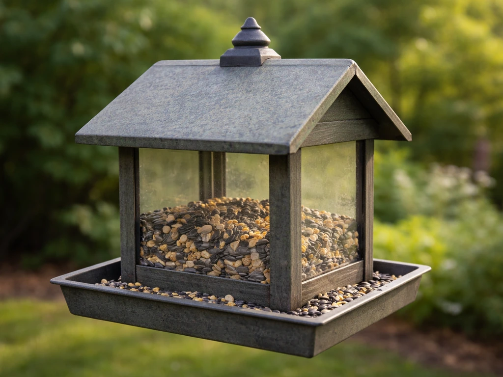 Close-up of a small hopper-style bird feeder with a sloped roof and seed tray along the bottom edge.