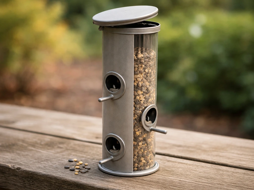 Close-up of a cylindrical tube feeder with a top lid and multiple side feeding ports.