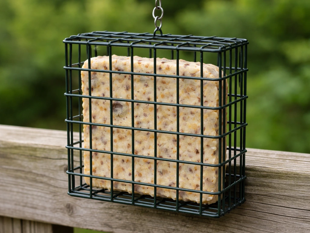 Close-up of a small wire-mesh suet cage feeder holding a suet cake on a wooden fence rail.