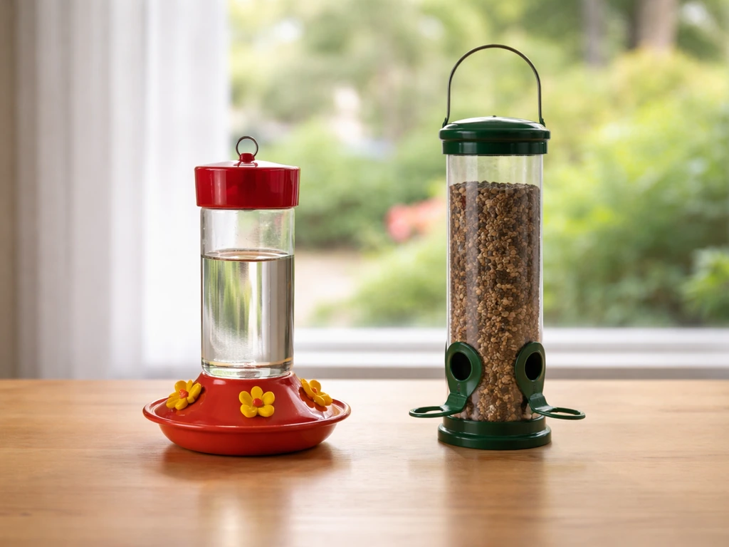 Side-by-side hummingbird bottle feeder and finch-style tube feeder showing differing port shapes.
