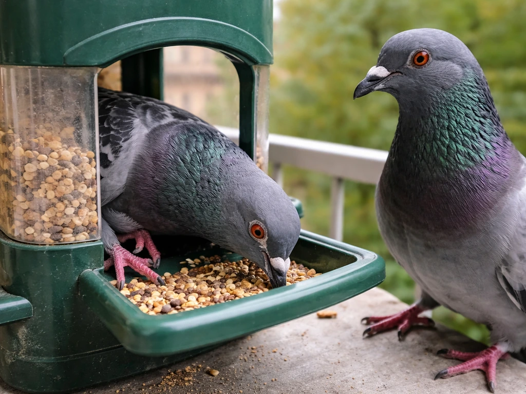 Close-up of pigeons reaching into an open bird feeder through accessible openings on a balcony