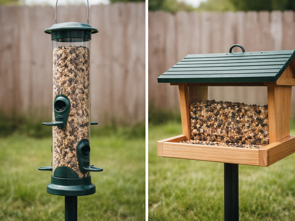 Split-style scene showing a pigeon-proof tube feeder and an open hopper feeder tray inviting pigeons
