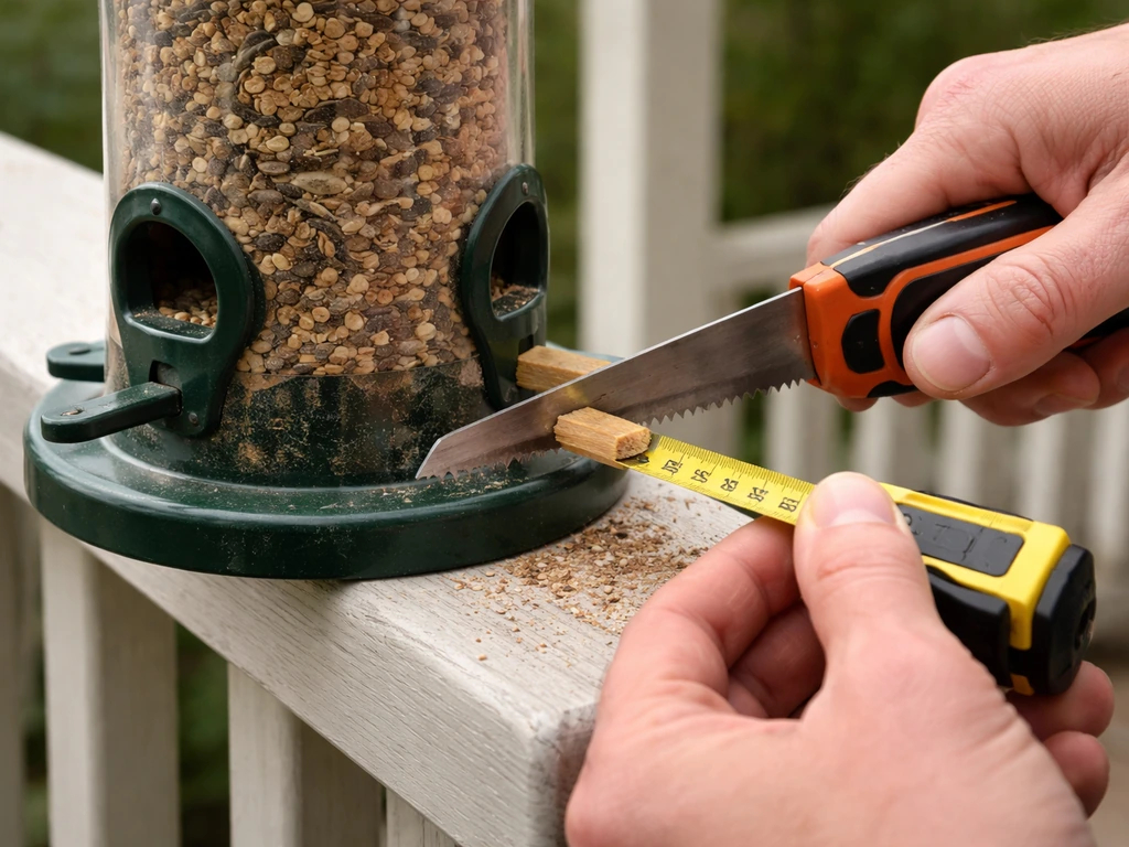 Hands cutting down a bird feeder perch to keep pigeons out while leaving small feeding ports open.