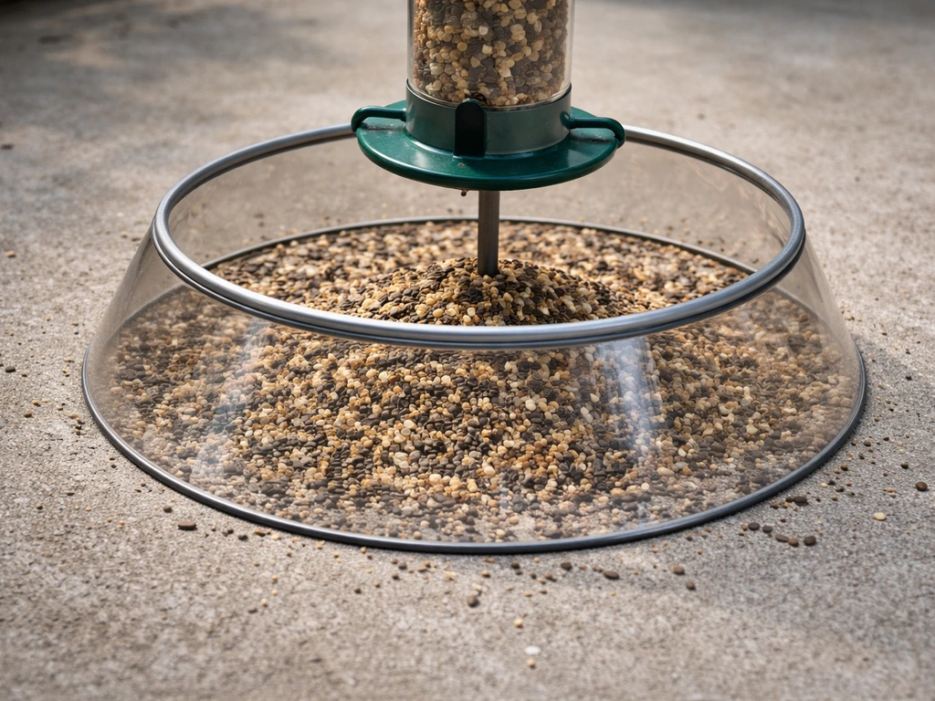 Close-up of a ground seed pile around a feeder with a ground guard preventing pigeons from reaching it