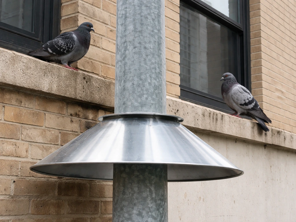 Close-up of a pigeon deterrent baffle mounted too low on a pole near a building ledge with birds nearby.