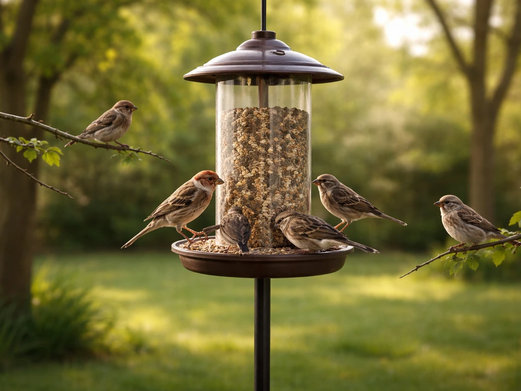 Bird feeder on a pole in a backyard with small sparrows and finches feeding.