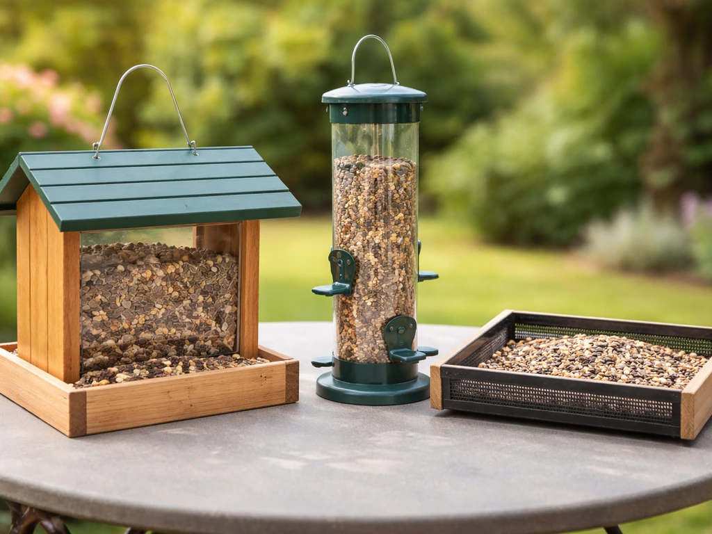 Three bird feeder styles—hopper, tube, and platform—side-by-side on a patio table.