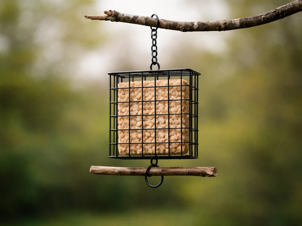 Wire-cage suet feeder holding a suet cake with nearby perching twig against soft greenery.