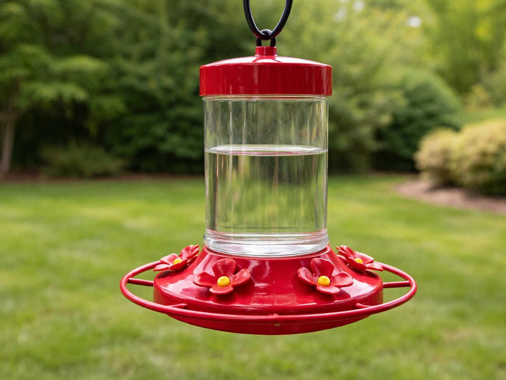 Red flower-style hummingbird nectar feeder filled with clear sugar-water in a quiet yard