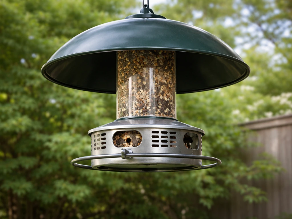 Weight-activated squirrel feeder shroud over ports hanging in a quiet backyard feeding area