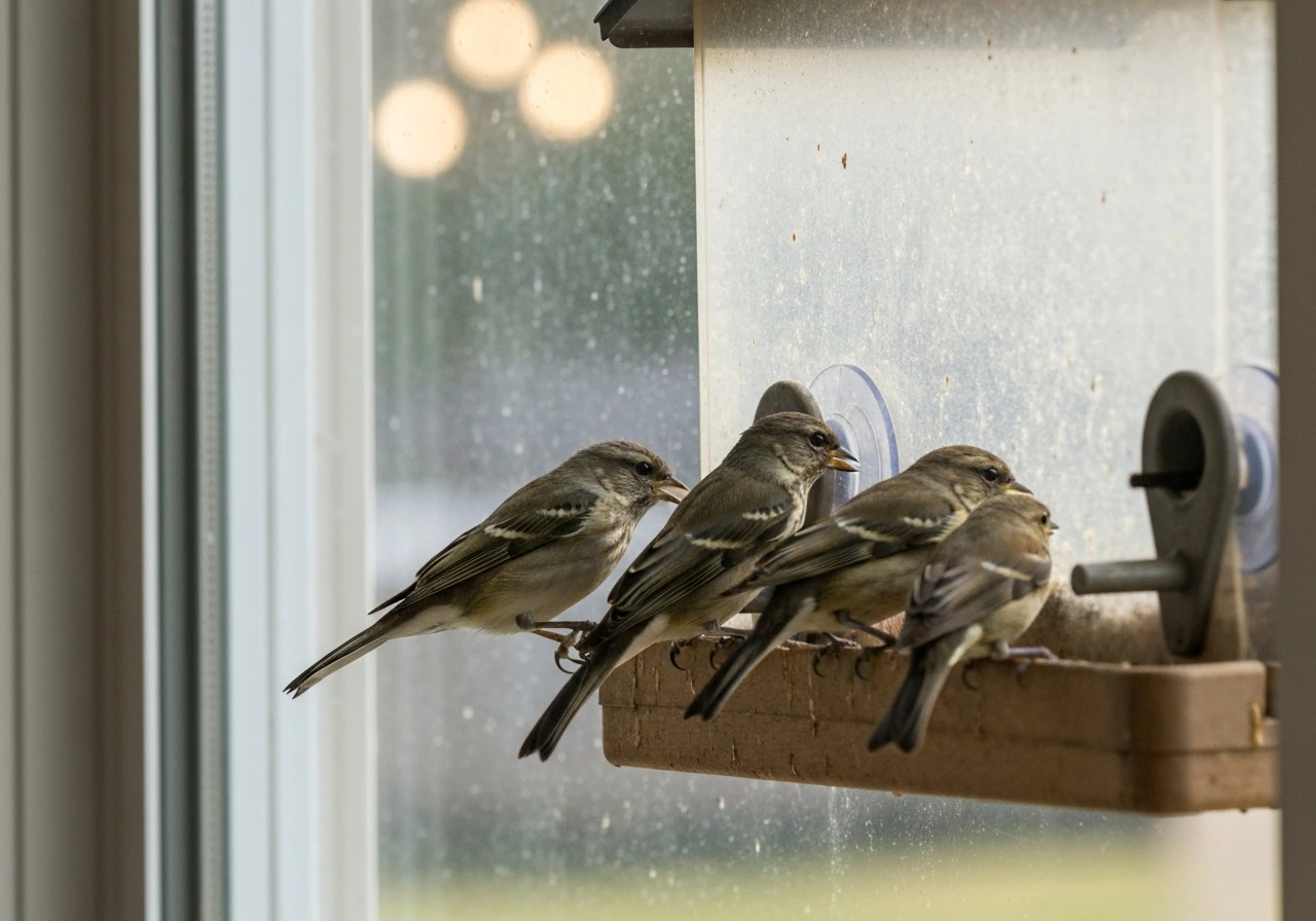 Close-up of a window-mounted bird feeder with several small songbirds feeding near the glass.