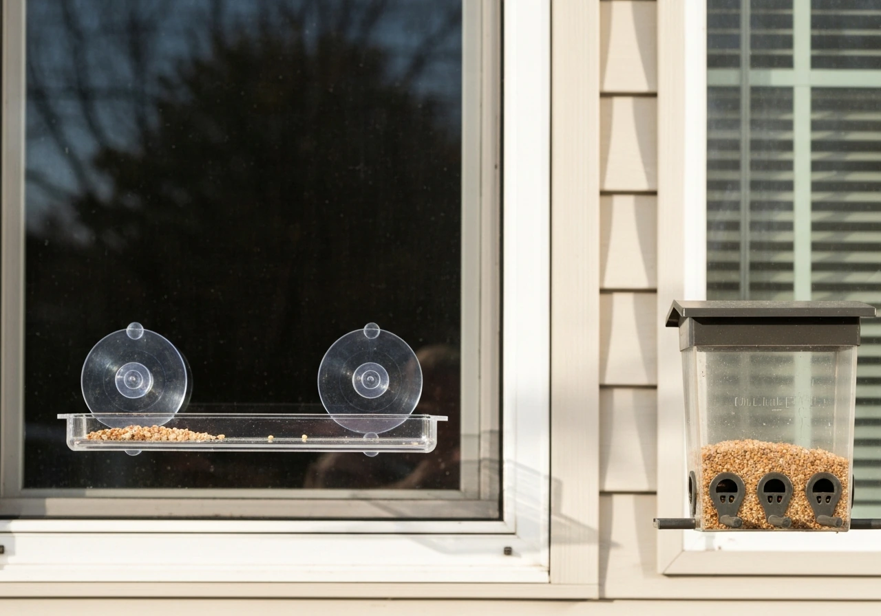 Two different window bird feeders (clear suction tray and hopper style) mounted on a home window.