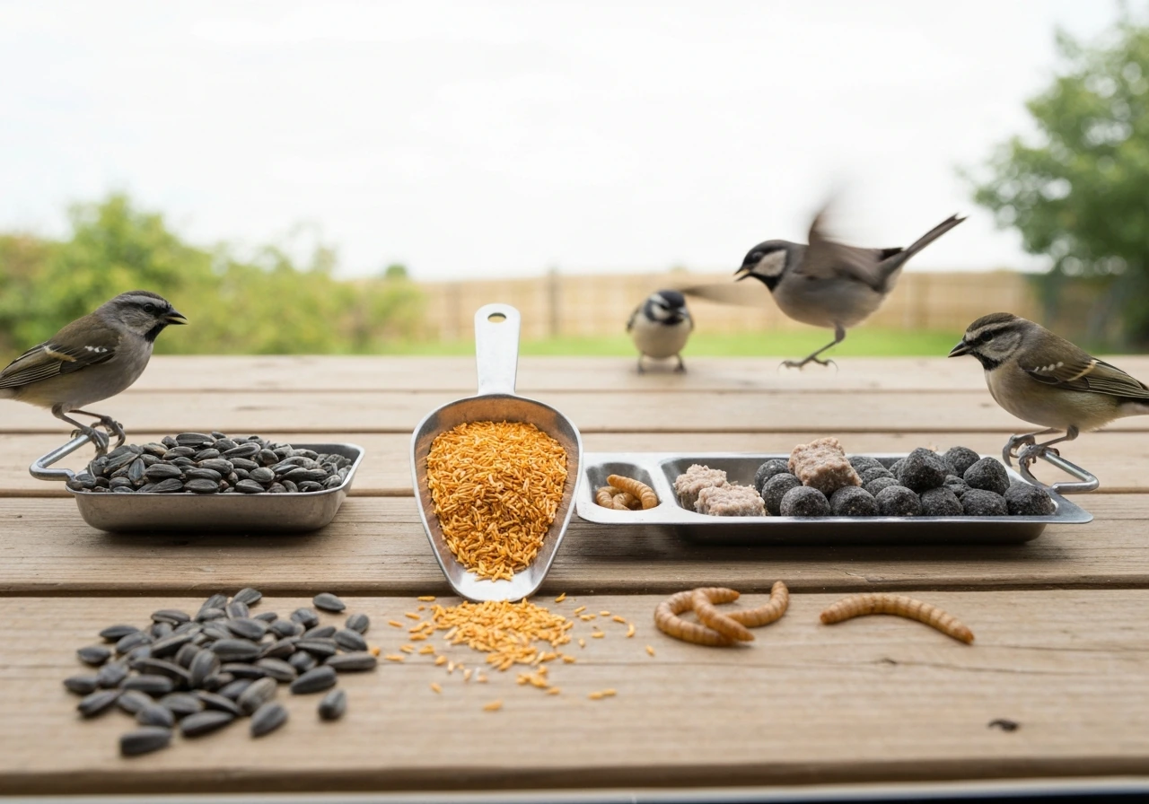 Close-up of a window bird feeder with black-oil sunflower, safflower, suet and mealworms attracting small songbirds.