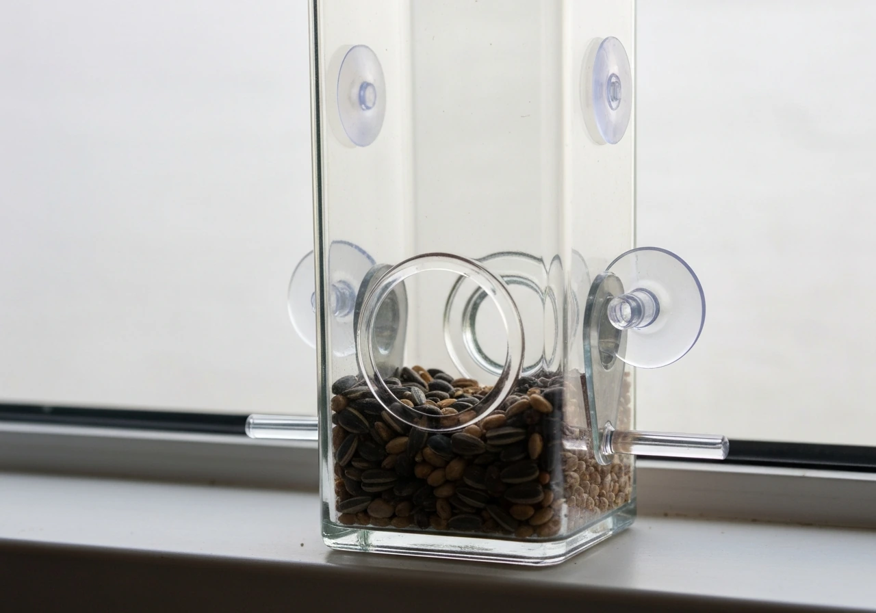 Close-up of a glass bird feeder filled with seed and suction-cup side on a window.